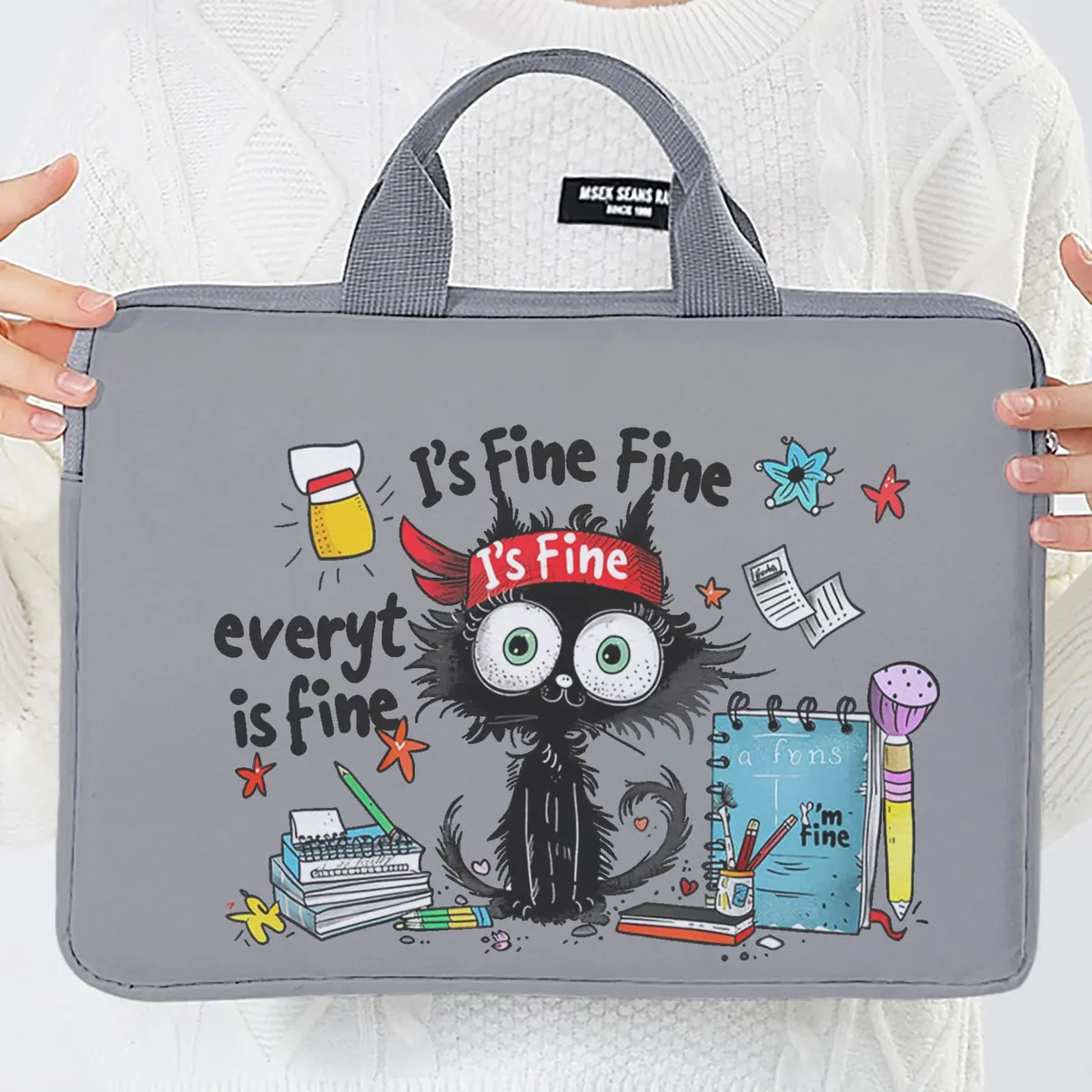 ensemble unique, deux styles, sacoche pour ordinateur portable et porte-documents à motif de chat noir, adapté aux ordinateurs portables de 14 pouces.