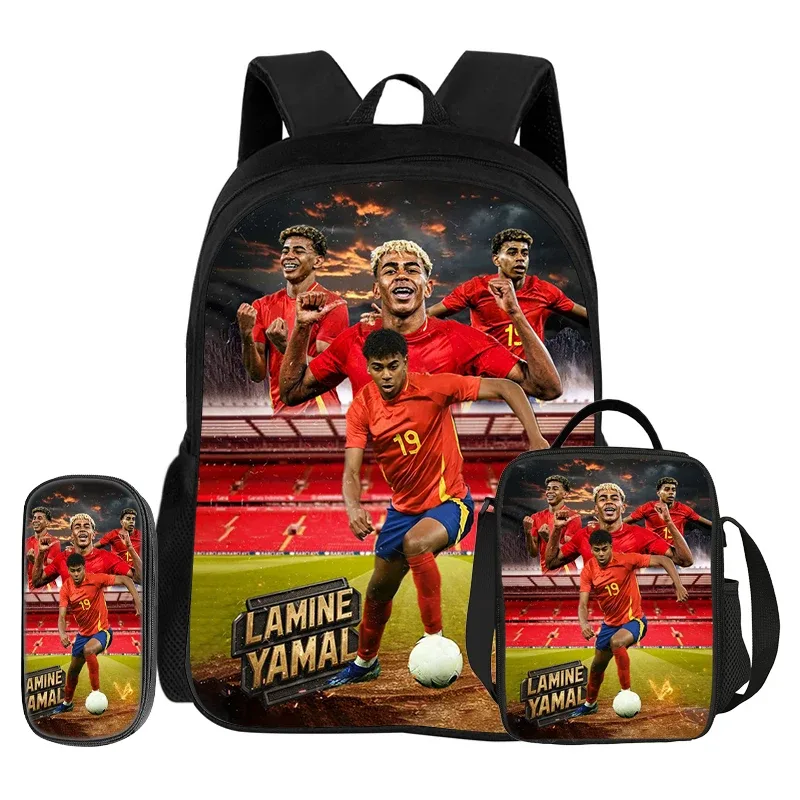 Sac à dos Football Star, ensemble de 3 pièces, sac à dos scolaire L-Lamin Yamal, sacs à crayons, sac à livres, meilleur cadeau avec sac à lunch, sac à dos