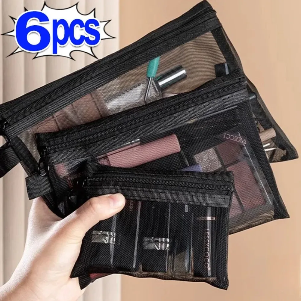 Sacs à cosmétiques transparents en maille, 1/6 pièces, trousse de maquillage de voyage Portable, petite et grande trousse de toilette noire, pochette de rangement pour rouge à lèvres