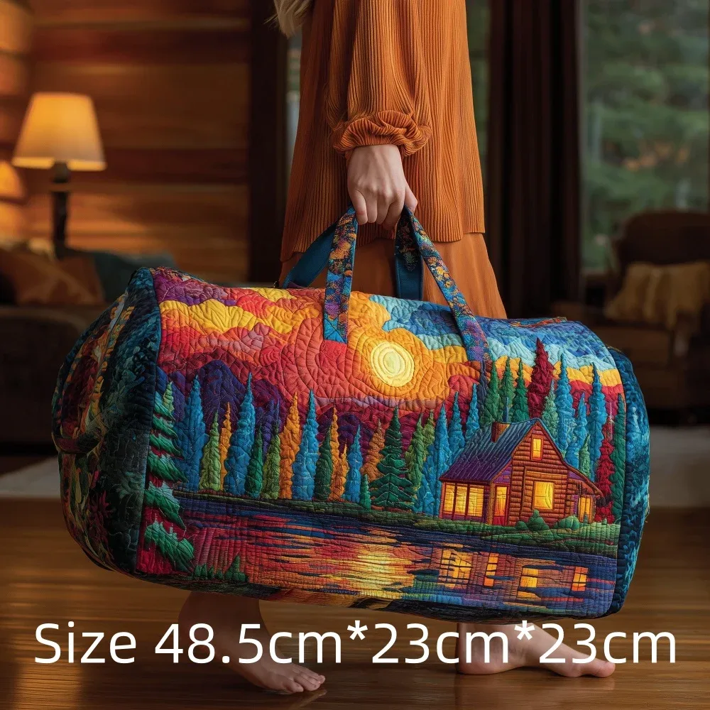sac de voyage matelassé imprimé en 3d, fourre-tout de week-end, sac de sport, sac à main, motif cabane en montagne et forêt d'automne, paysage naturel vintage, pour femmes et hommes