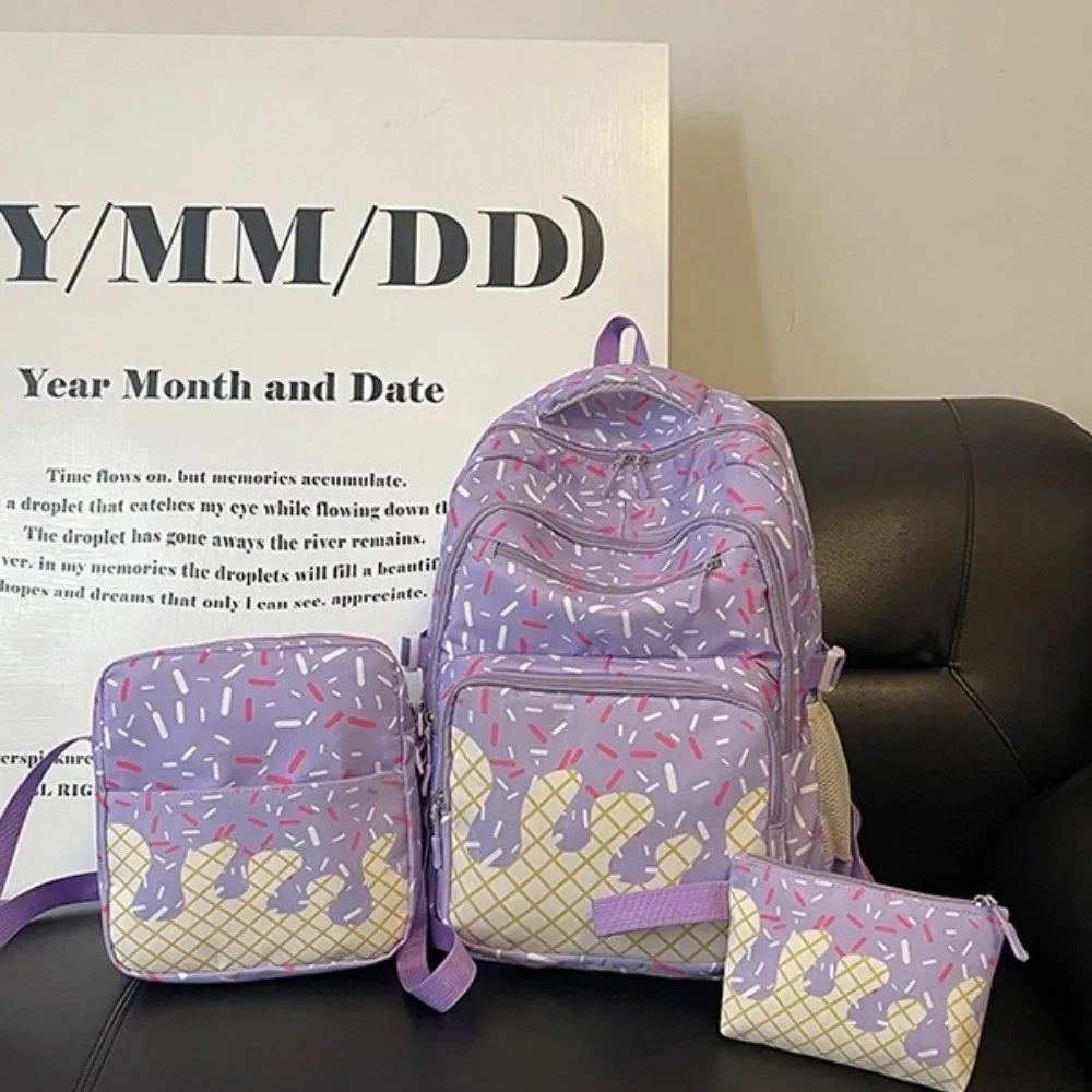 ensemble de sacs à dos en tissu oxford imprimé crème glacée avec trousse à crayons, sac à dos de grande capacité assorti à un sac bandoulière et un sac fourre-tout.