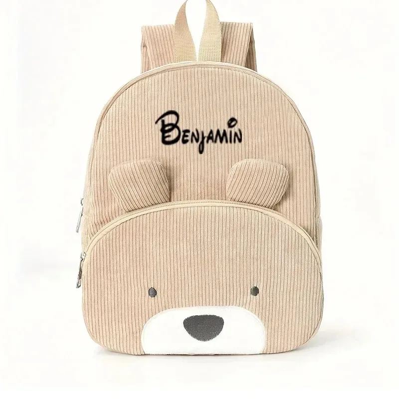 sac à dos pour tout-petits avec nom personnalisé, sac en velours côtelé ours de dessin animé de grande capacité, sac à dos en peluche avec nom brodé pour enfants