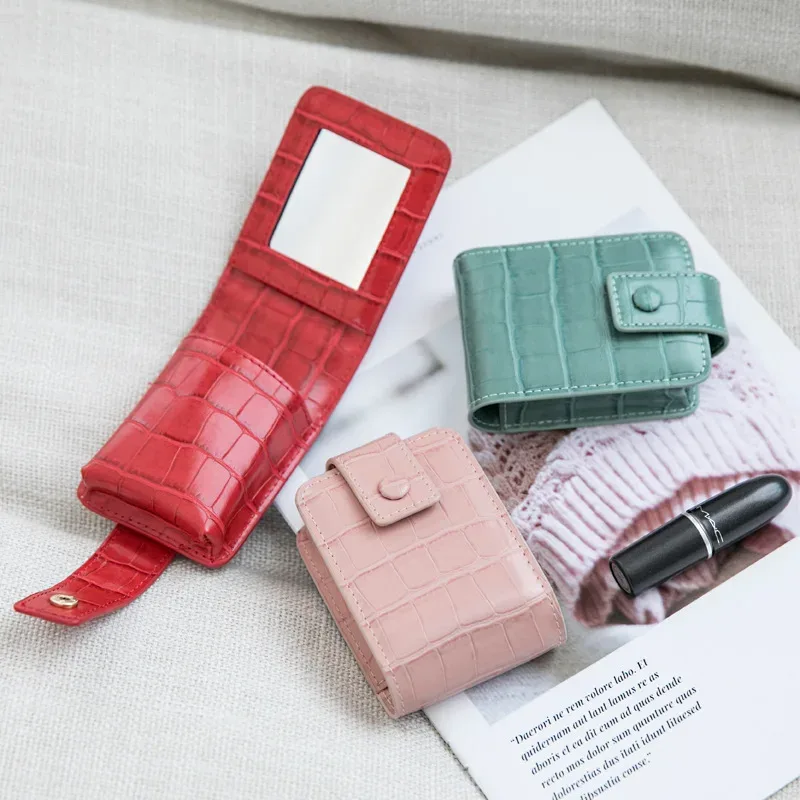 nouvelle mode femmes en cuir de vache rouge à lèvres mallette de rangement voyage rouge à lèvres organisateur étui avec miroir 3 pièces lèvre support en cuir rugueux