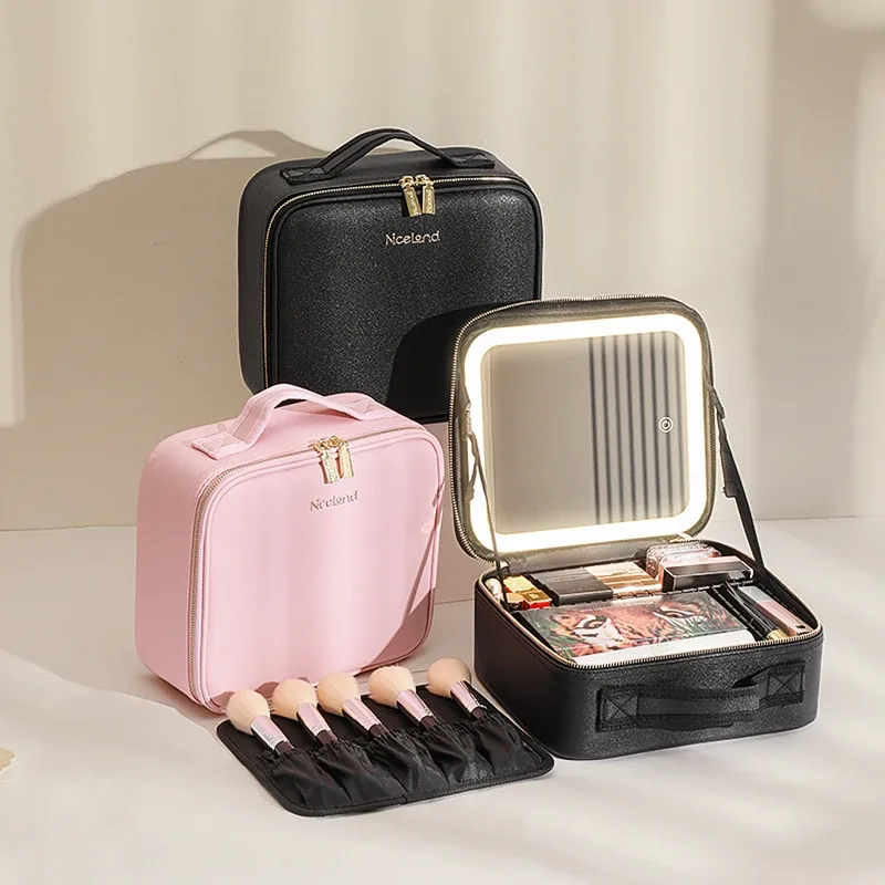 Trousse de voyage pour maquillage avec miroir éclairé par LED, 3 réglages réglables de couleur, trousse de maquillage de voyage avec séparateurs réglables,