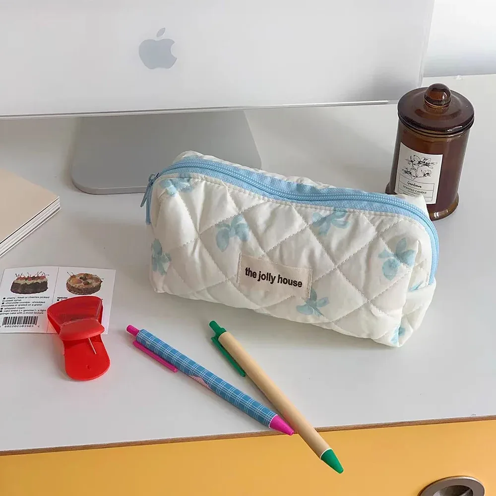 sac de rangement cosmétique en coton matelassé pour femme, nœud simple, sac à main d'évaluation de maquillage rouge à lèvres, sacs à fermeture éclair de grande capacité, mignon, nouveau