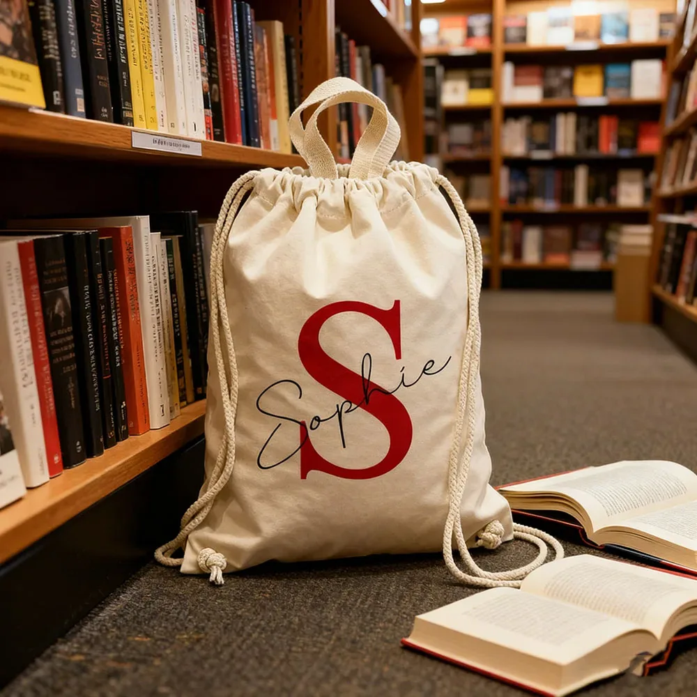 sac à dos à cordon de serrage rayé personnalisable, en toile de coton, avec texte personnalisé, sac pliable et portable pour voyage et école