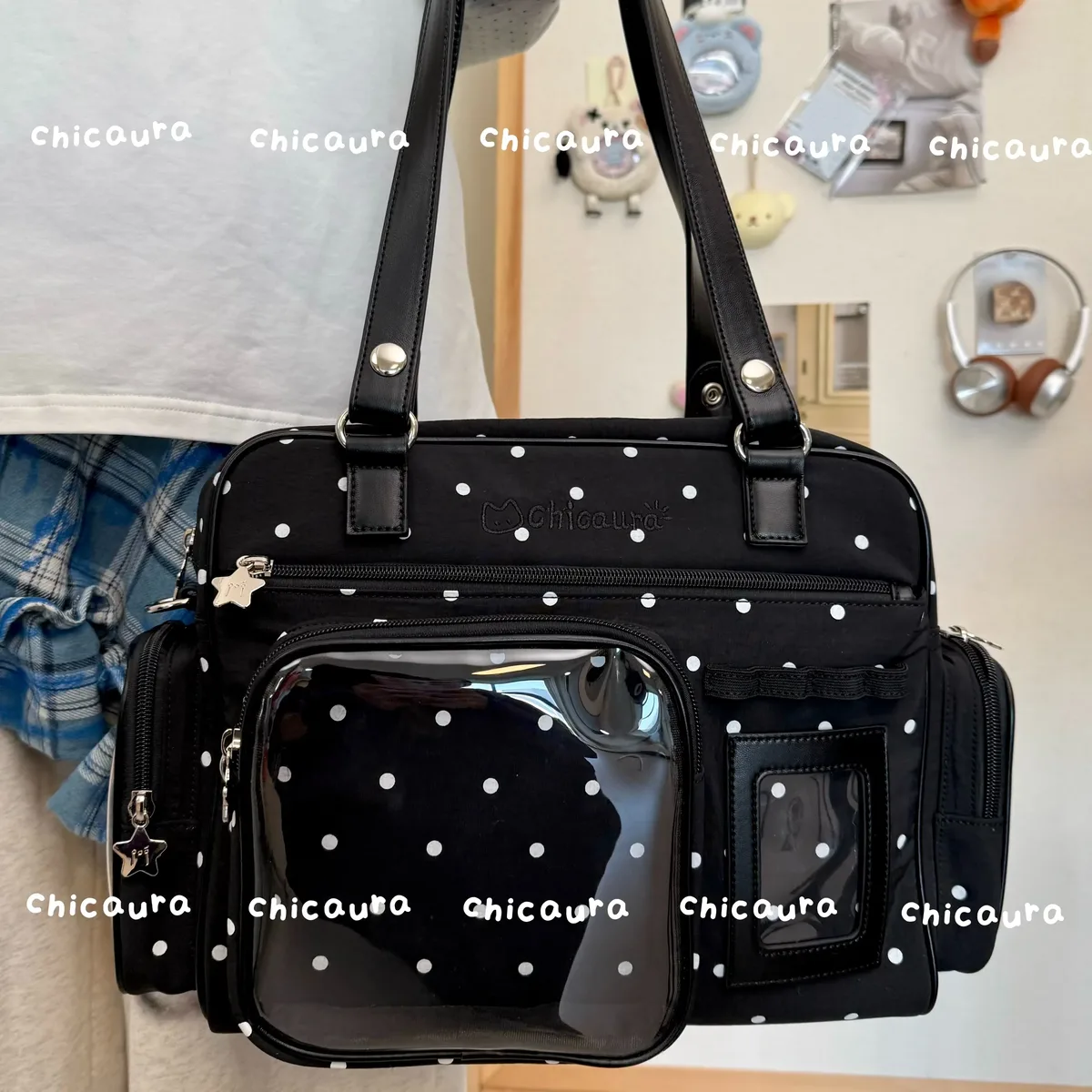 sac à bandoulière polyvalent grande capacité pour femme, motif pois, style gothique bidimensionnel, sac messager tendance