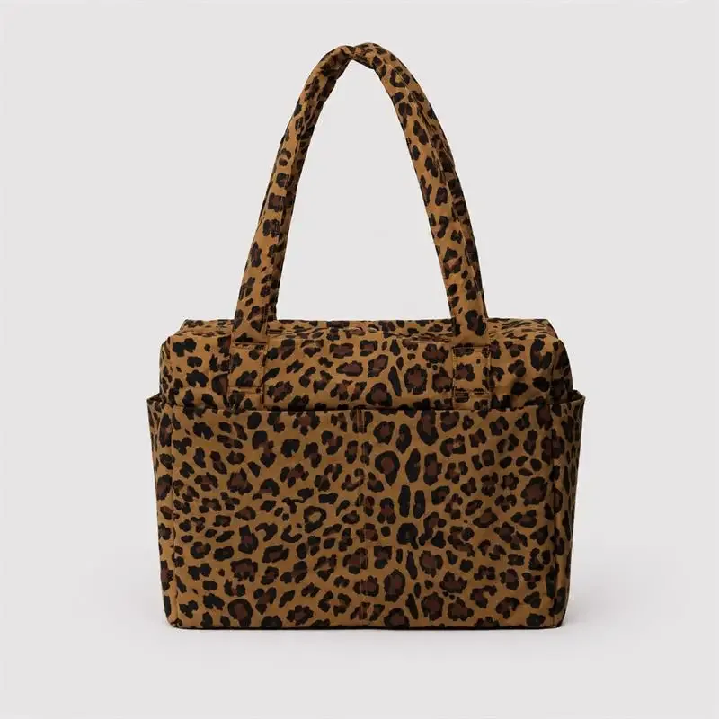 sac fourre-tout en nylon grande capacité, imprimé léopard à carreaux, design multi-poches, sac à bandoulière, sac de voyage pliable, sac à main