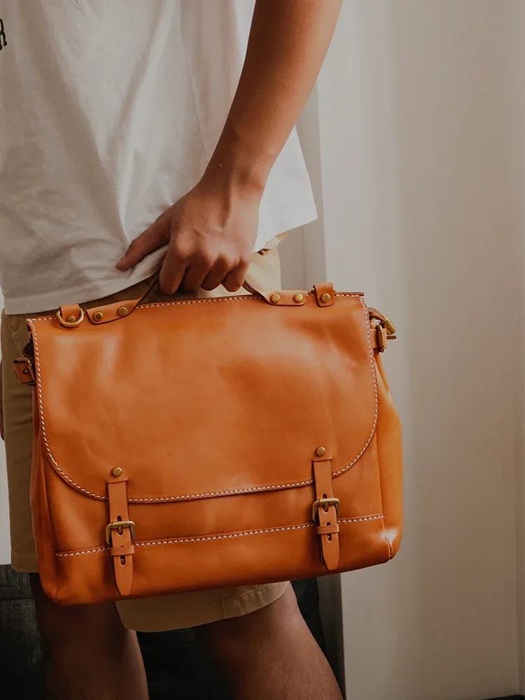 pndme vintage haute qualité en cuir véritable hommes porte-documents mode voyage à la main en cuir de vache travail épaule sac de messager