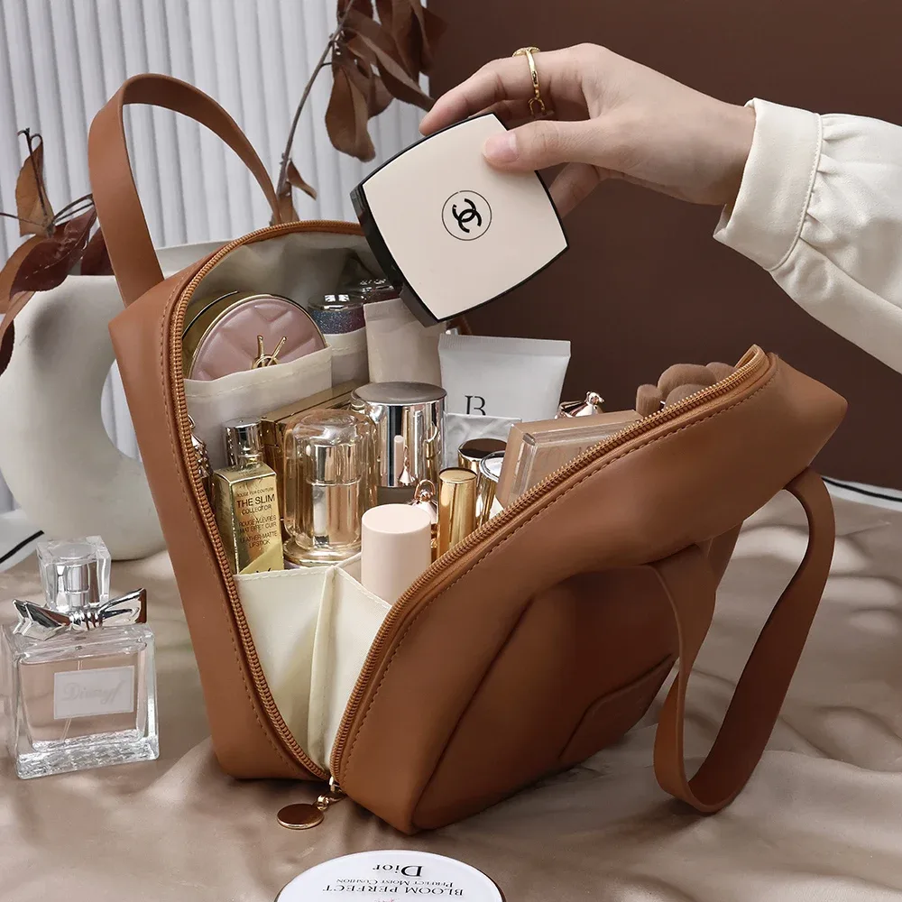 grande trousse de toilette de grande capacité, sac de rangement portable en cuir pu, organiseur de maquillage avec poignée