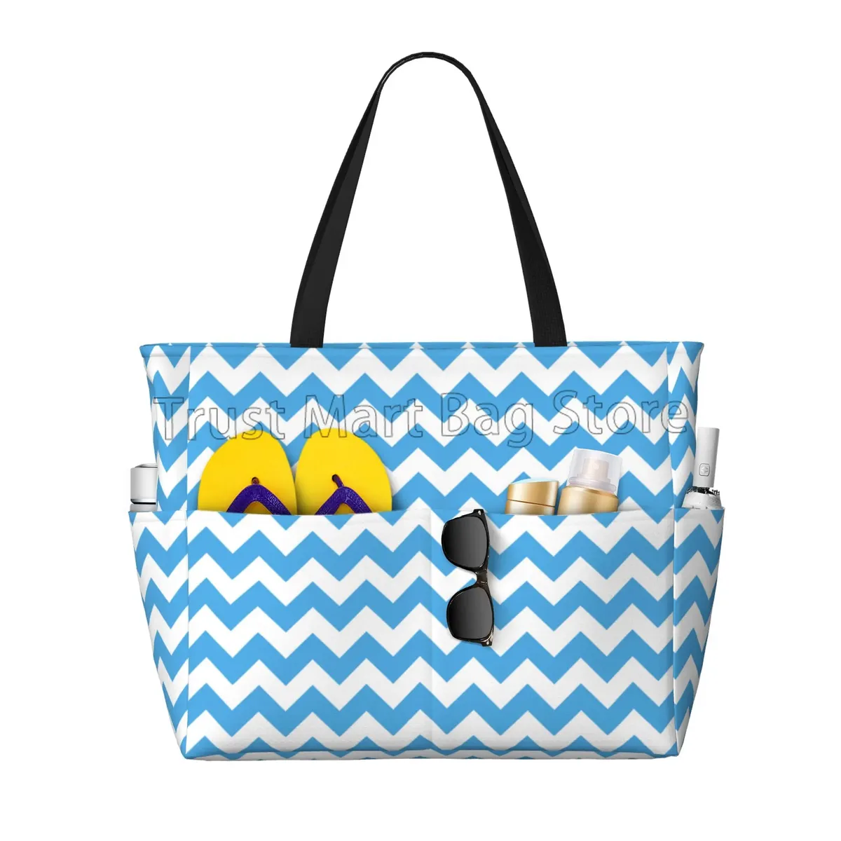 grand sac de plage bleu rayé pour femme, étanche, sac fourre-tout anti-sable, sac de piscine avec fermeture éclair et poches, voyage, vacances, salle de sport