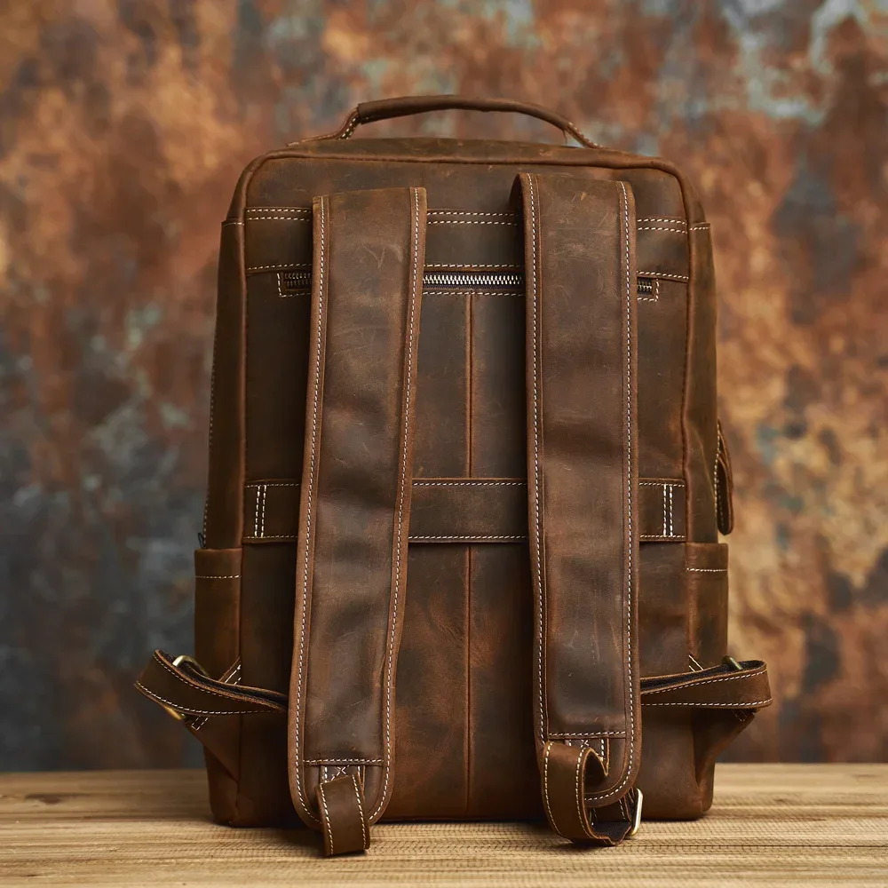 nasva-sac à dos en cuir véritable pour homme, sac rétro, sac de randonnée, sac d'école, sac de voyage, sac pour ordinateur portable, 15.6 pouces