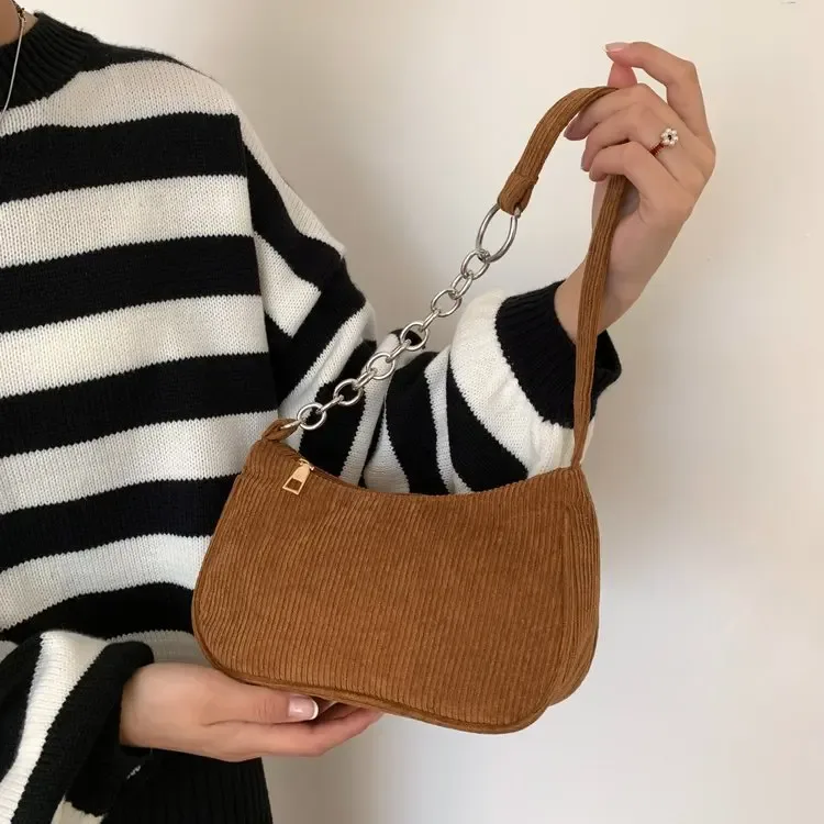 sac sous les bras en velours côtelé pour femmes, sacs à bandoulière décontractés, pochette de shopping sous les aisselles pour téléphone, fermeture éclair, pochette