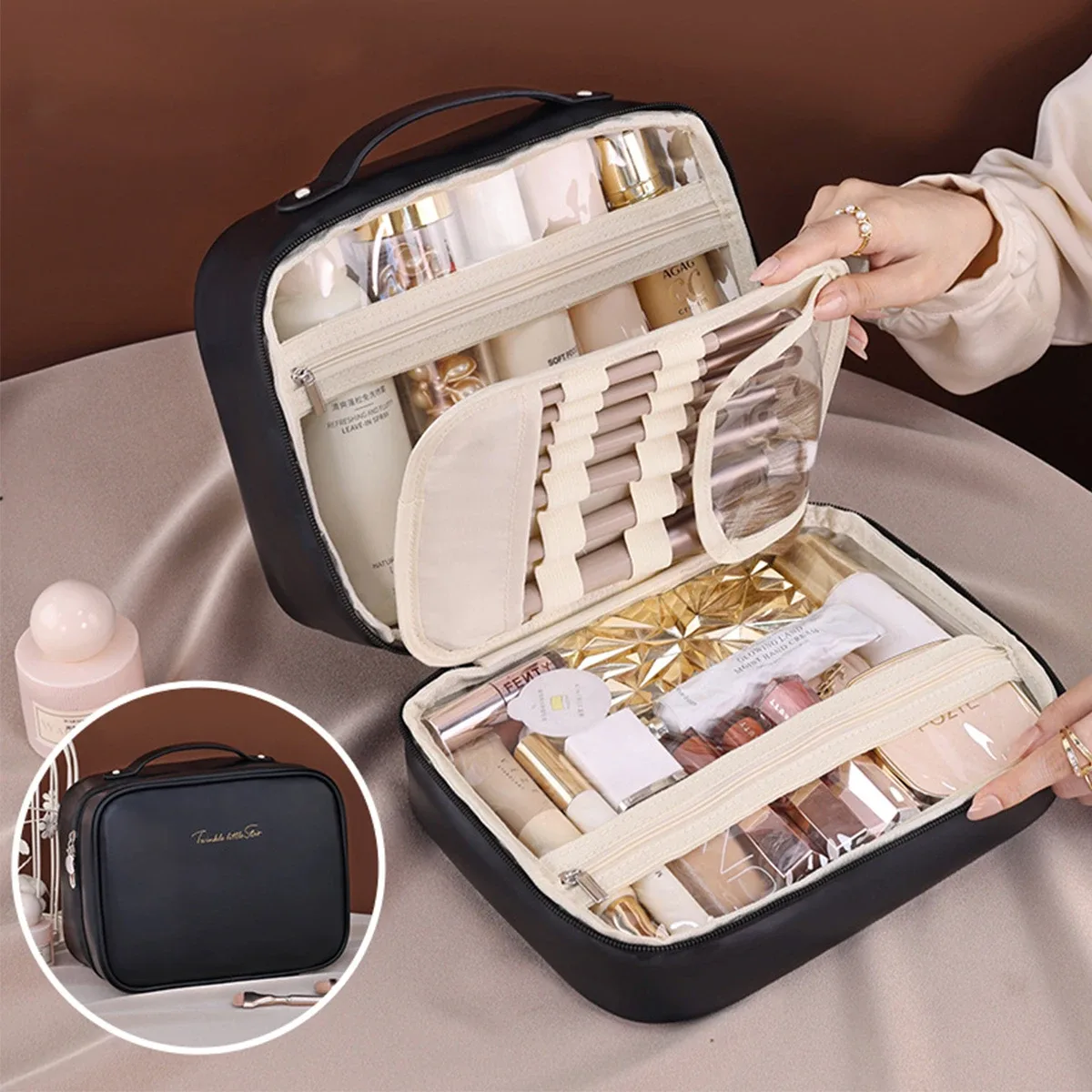 sac de maquillage trois en un pour femmes, sac de rangement portable en cuir pu, sac de voyage pour pinceaux cosmétiques et articles de toilette