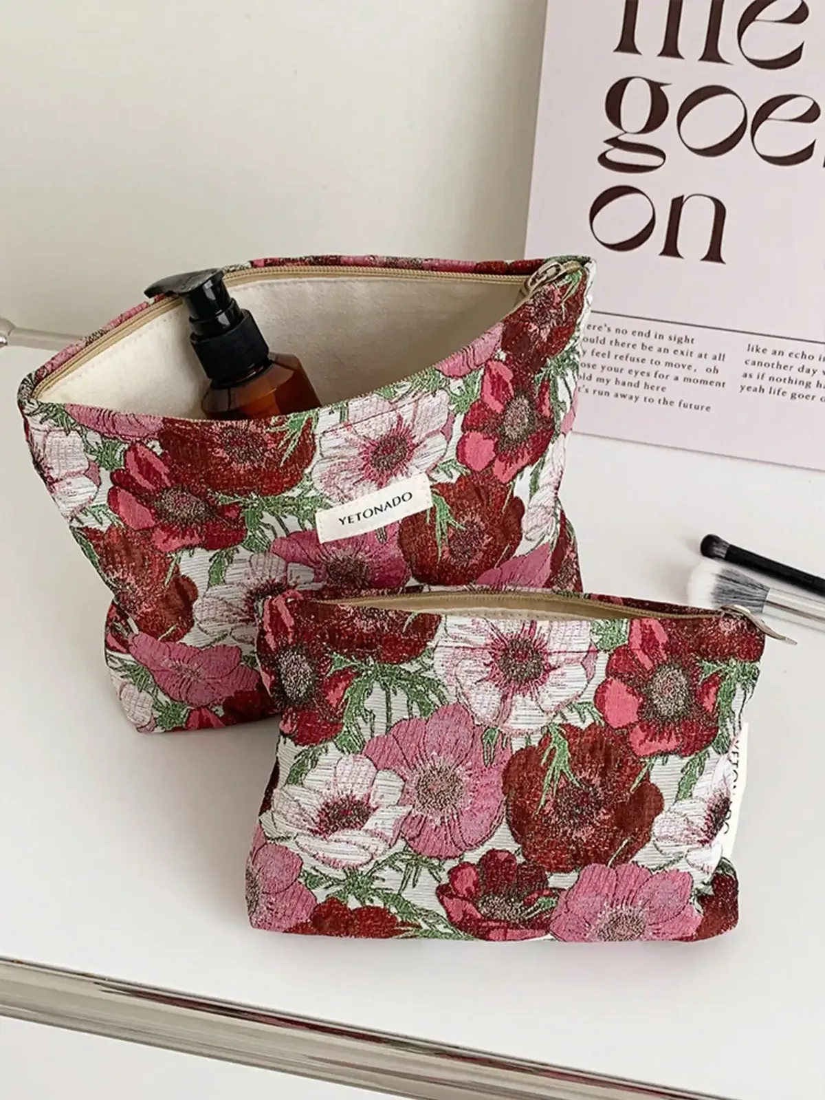 1 pièce/ensemble trousse de maquillage à fleurs rouge, blanc et rose, trousse de maquillage de rangement de voyage, trousse de toilette portable avec fermeture éclair