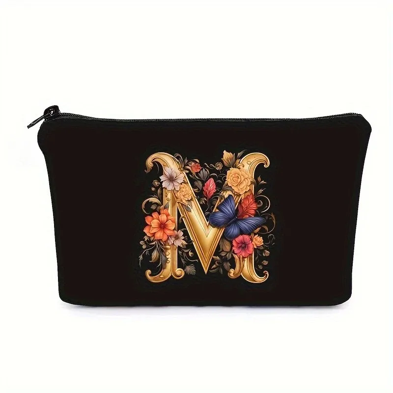 trousse de maquillage noire avec imprimés de 26 lettres de l'alphabet anglais, pochette à cosmétiques, sacs de rangement multifonctionnels