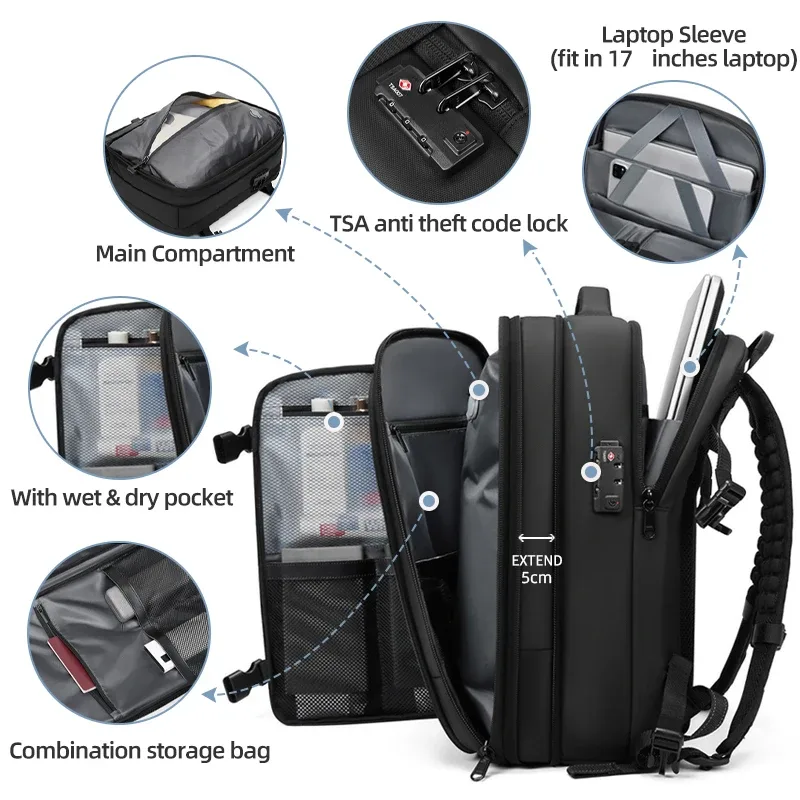 sac à dos de voyage pour hommes, sac à dos à compression sous vide pour ordinateur portable de 17 pouces, sac à dos d'affaires de grande capacité, sac à dos de camping, sac à dos de randonnée extensible