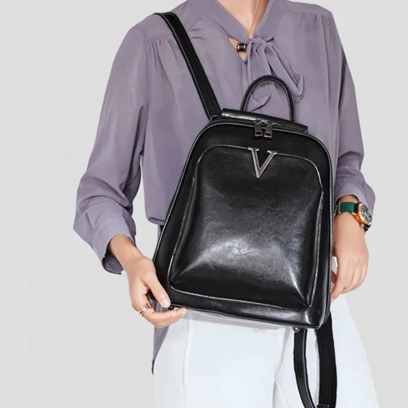 sac à dos en cuir véritable à la cire d'huile pour femmes, à bandoulière, en cuir de vache, pour l'école, de jour, rétro, à la mode