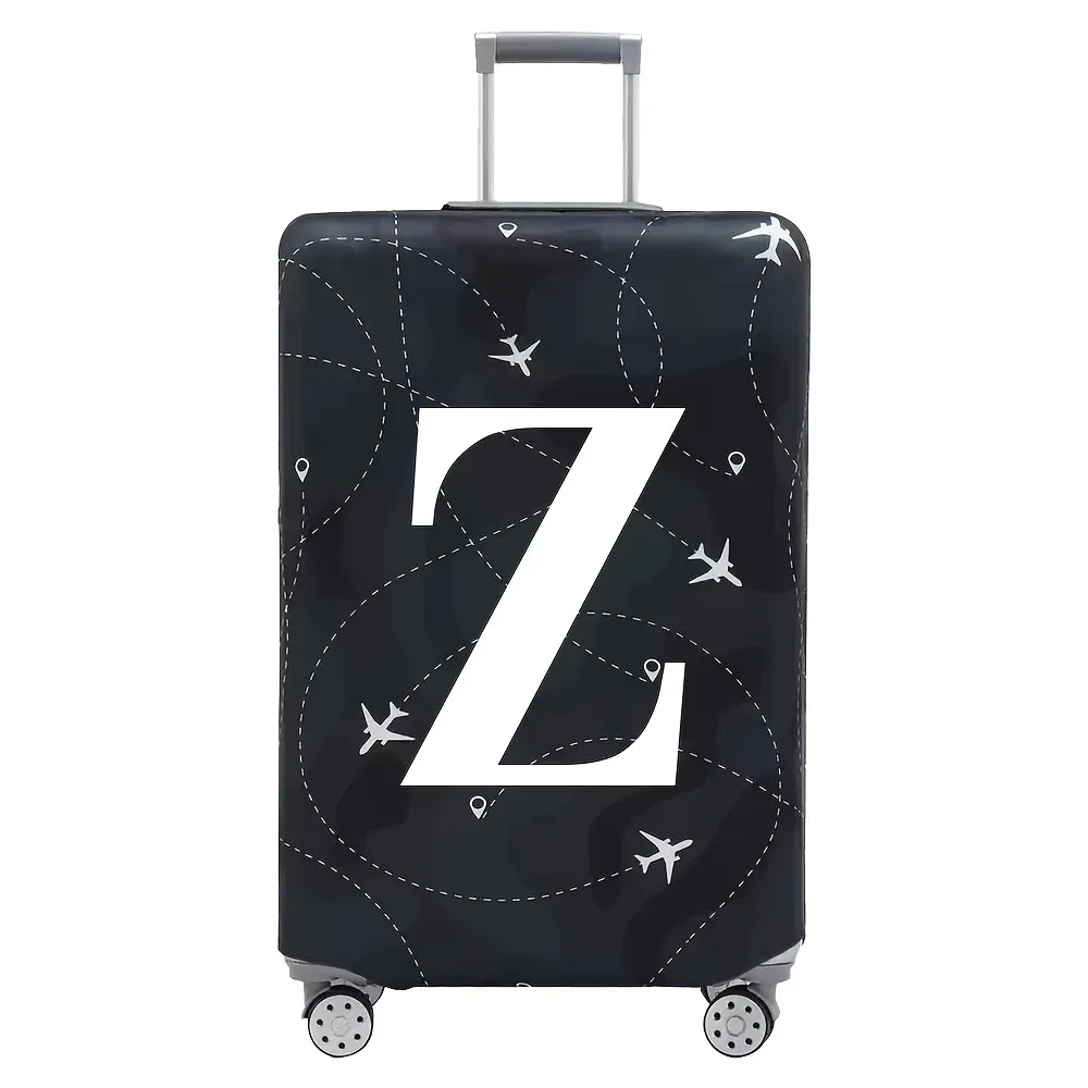 cette housse de valise extensible s'adapte aux valises de 18 à 32 pouces et présente un motif de lettres a-z blanches imprimé sur la surface.
