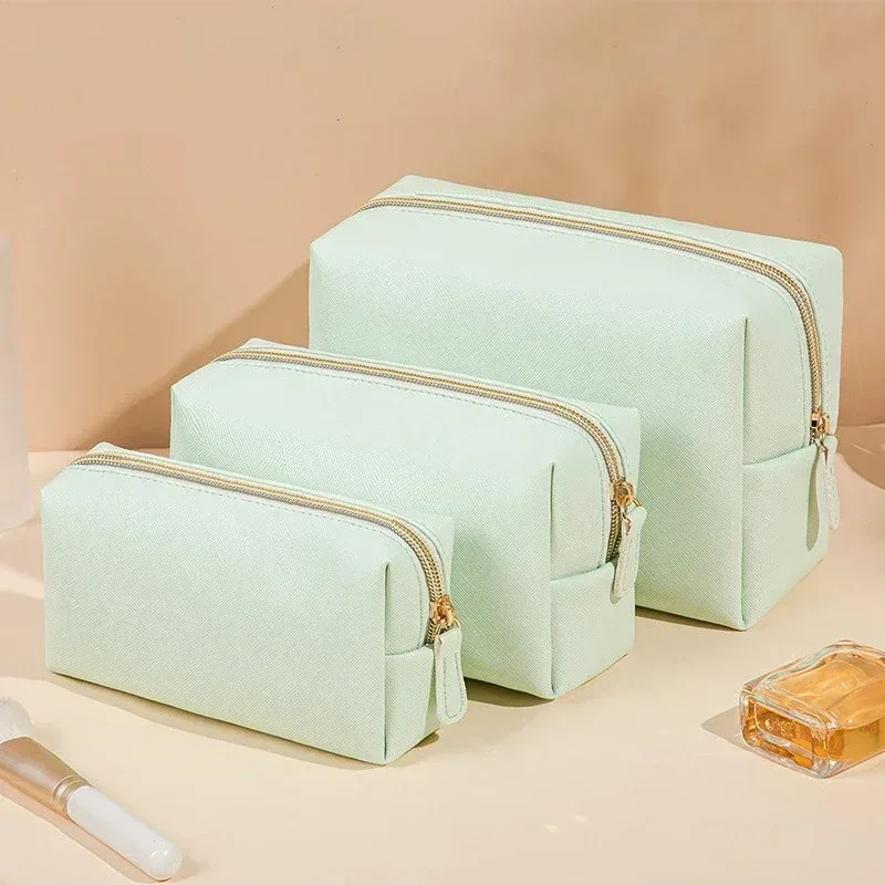 trousse cosmétique étanche en cuir pu, trousse de toilette portable, trousse de maquillage à fermeture éclair, document solide, poudres de maquillage, trousse de voyage