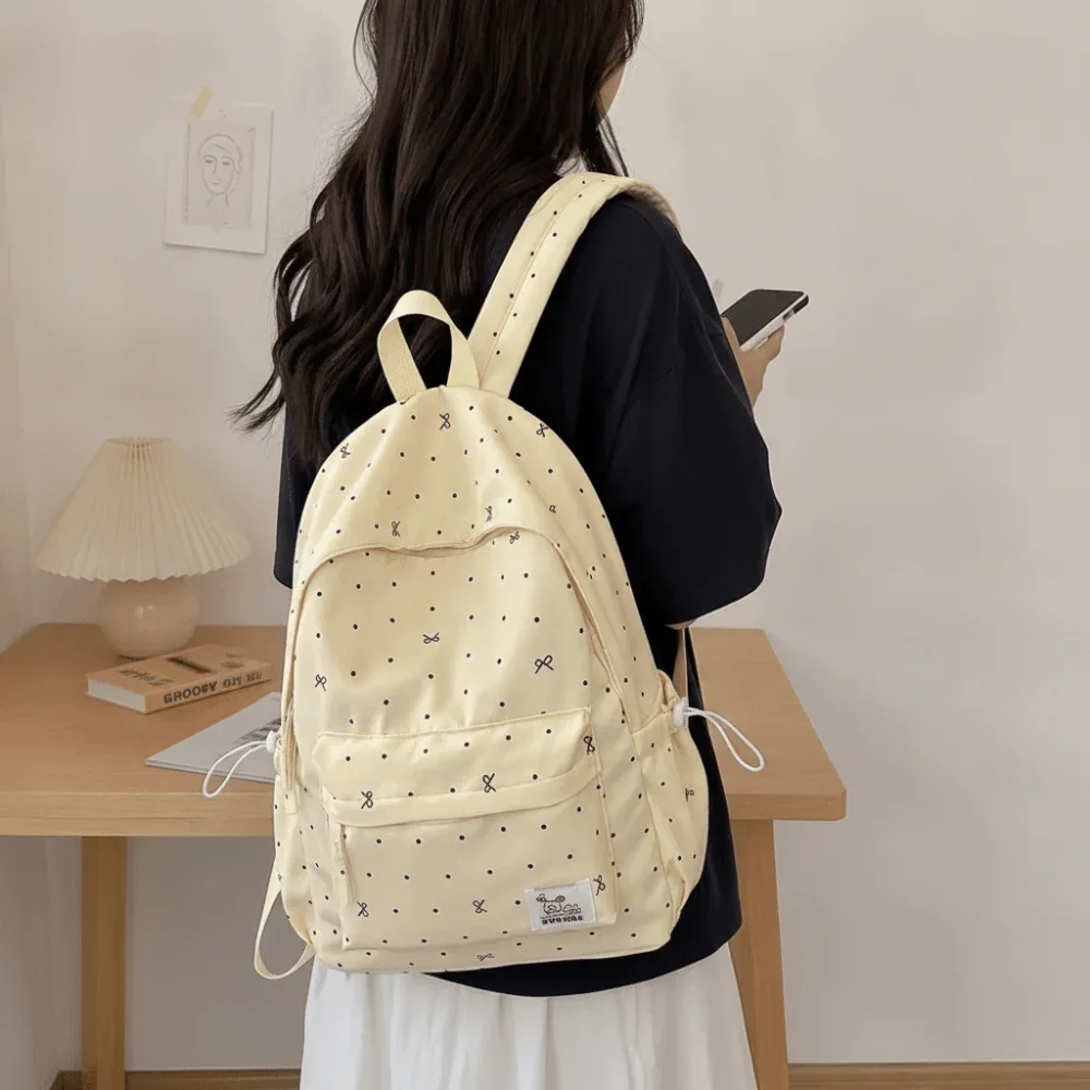 sac à dos tendance léger à pois, décontracté, respirant, pour étudiants, durable, avec nœud, grande capacité, pour filles