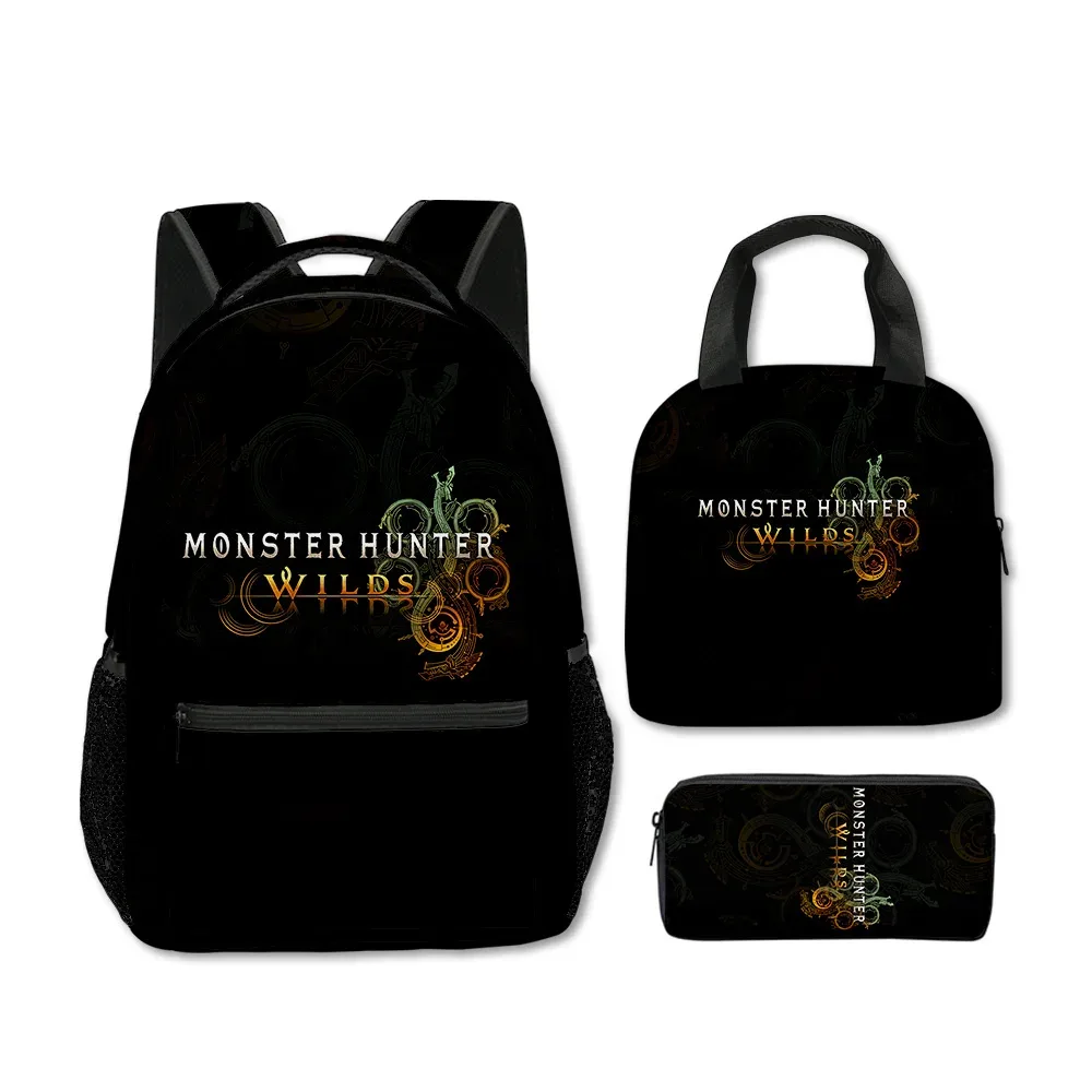 sacs d'école classiques populaires et amusants avec impression 3d de monstres sauvages, 3 pièces/ensemble, sac à dos de voyage, sac à déjeuner portable, trousse à crayons