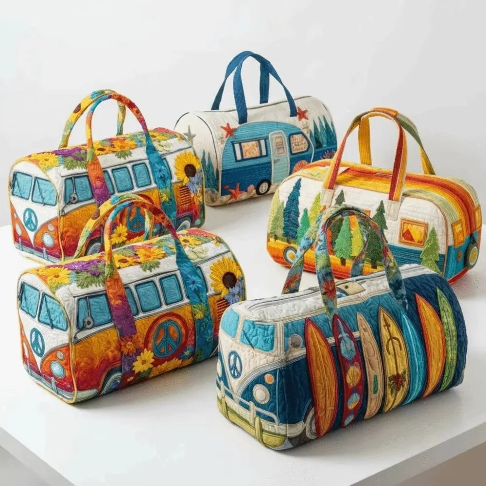 sac de voyage matelassé 3d tendance, motif bus, grande capacité, sac à main rétro bohème, sac de sport robuste pour les sorties quotidiennes