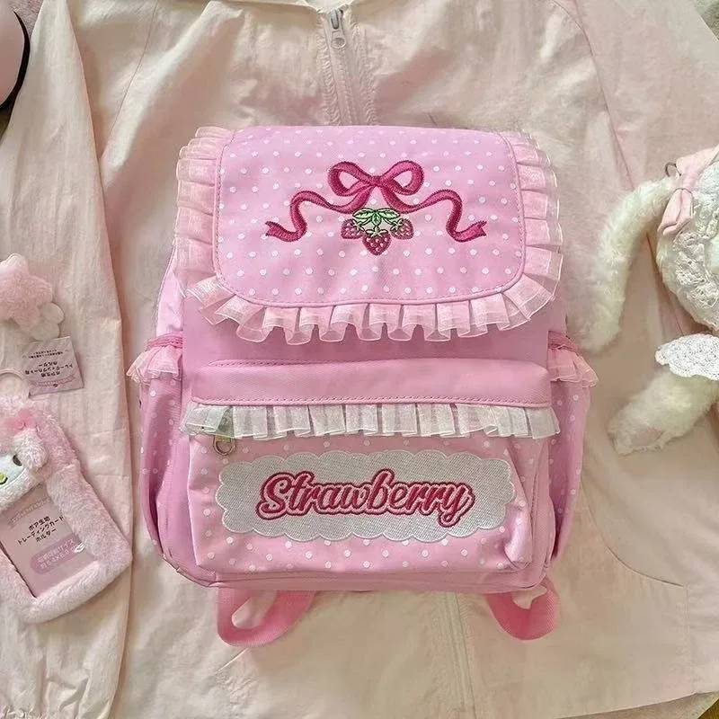doux mignon fraise fruits broderie dentelle patchwork sac à dos femmes style preppy imperméable en nylon école sac à dos pour fille