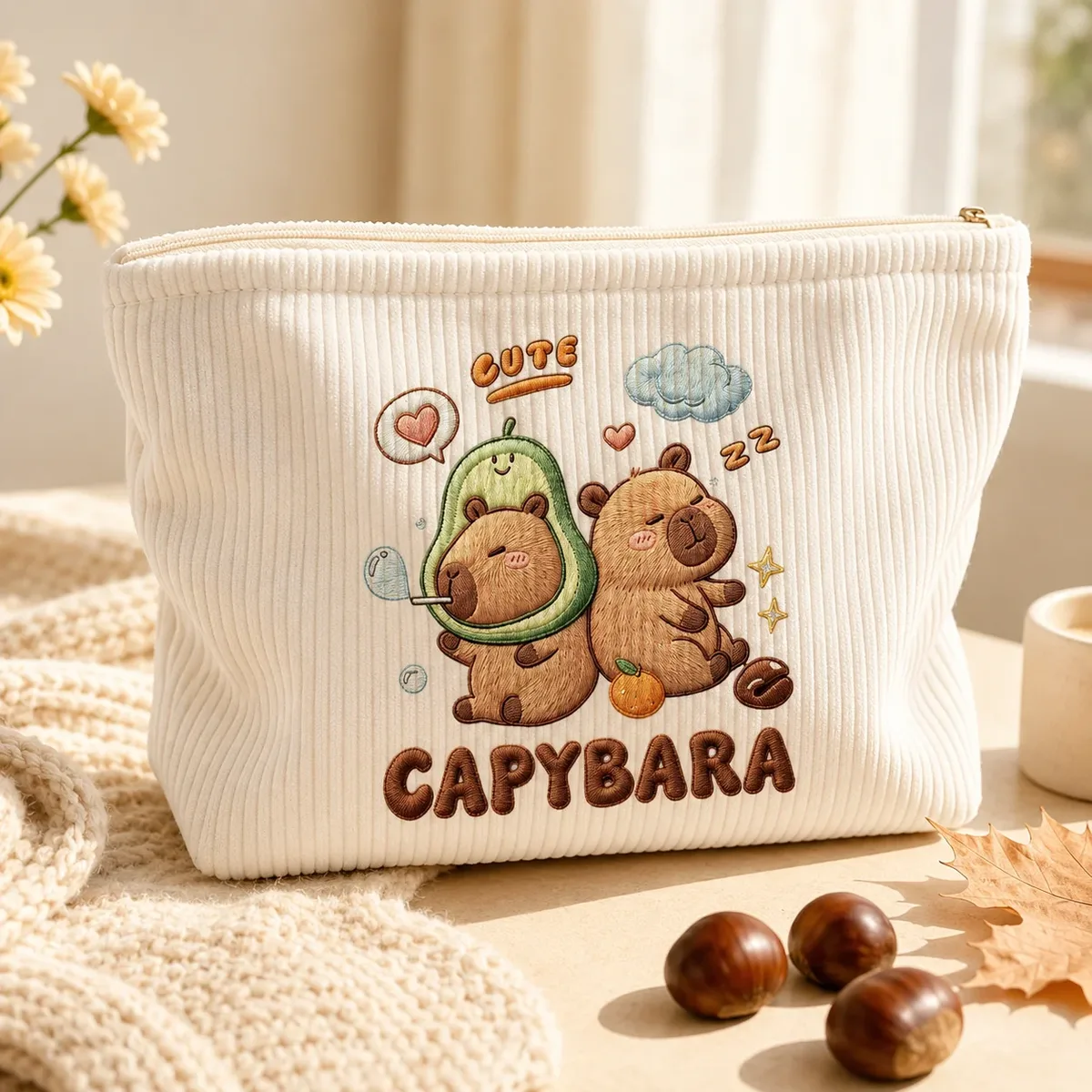 trousse de maquillage mignonne capybara en velours côtelé, grande capacité, pochette zippée pour femmes, organisateur de toilette de voyage, rangement beauté