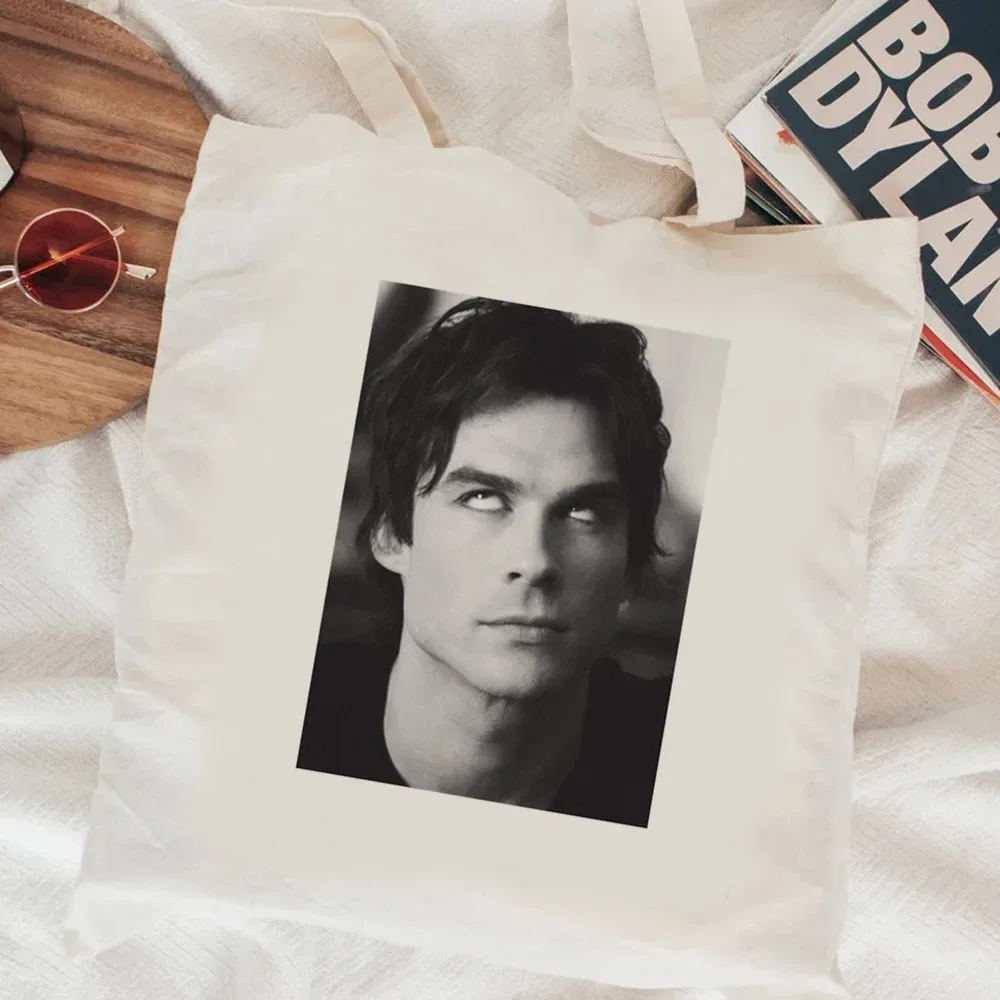 sac fourre-tout en toile the vampire diaries, sac de courses pliable en tissu, sac de supermarché, sacoche en toile à cordon