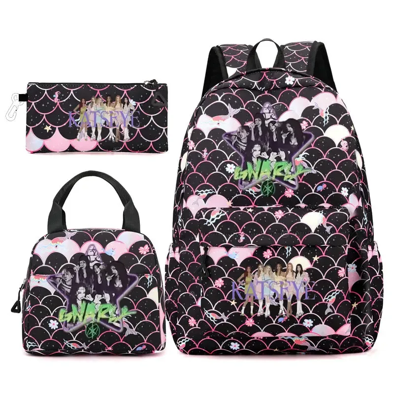 ensemble de sacs à dos katseye 3 pièces, sac à dos grande capacité pour étudiants avec sac à lunch et trousse à crayons, sac à dos décontracté et tendance