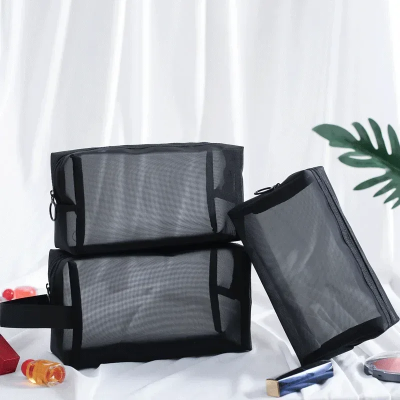 trousse de maquillage noire transparente pour femme, trousse de toilette et cosmétique, ensemble de poudres en maille, petite et grande, voyage