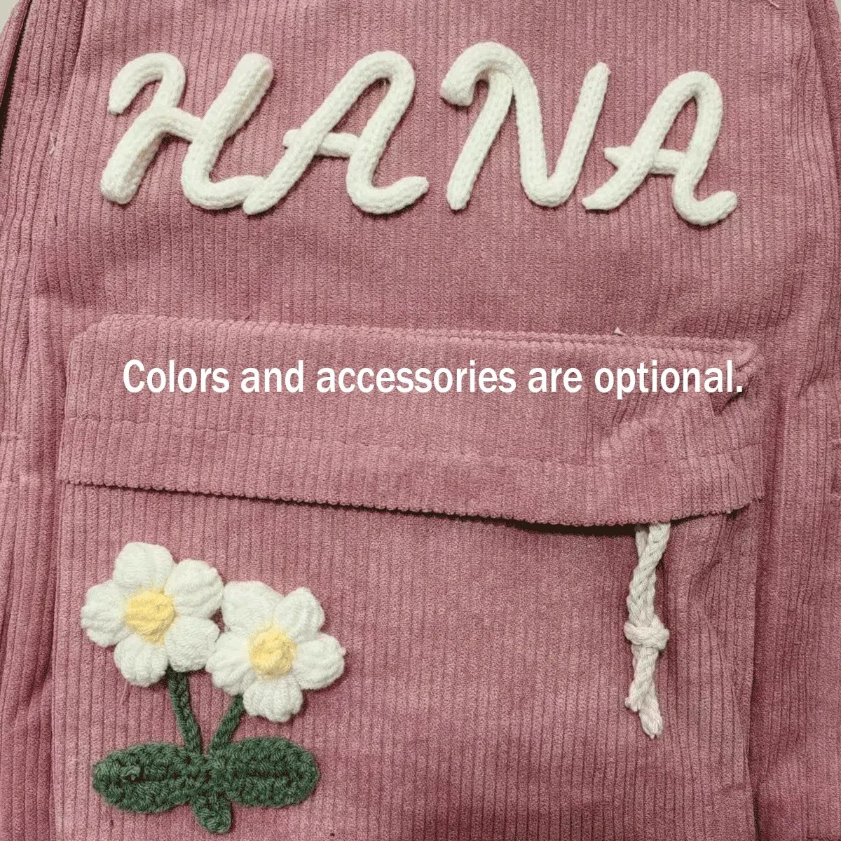 sac à dos unisexe personnalisé en velours côtelé — initiales brodées à la main, design coloré, choix de couleurs et d'accessoires