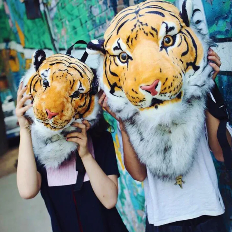 Cool grand chat sac poilu tête de tigre sac à dos drôle étudiant rusksack Couple extérieur en peluche sac à dos 01-BP-gxlhmr