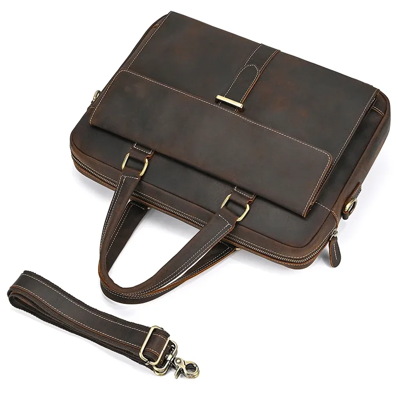 porte-documents en cuir véritable pour hommes, sac à main d'affaires en peau de vache pour ordinateur portable, style vintage, sac à bandoulière en cuir de cheval fou