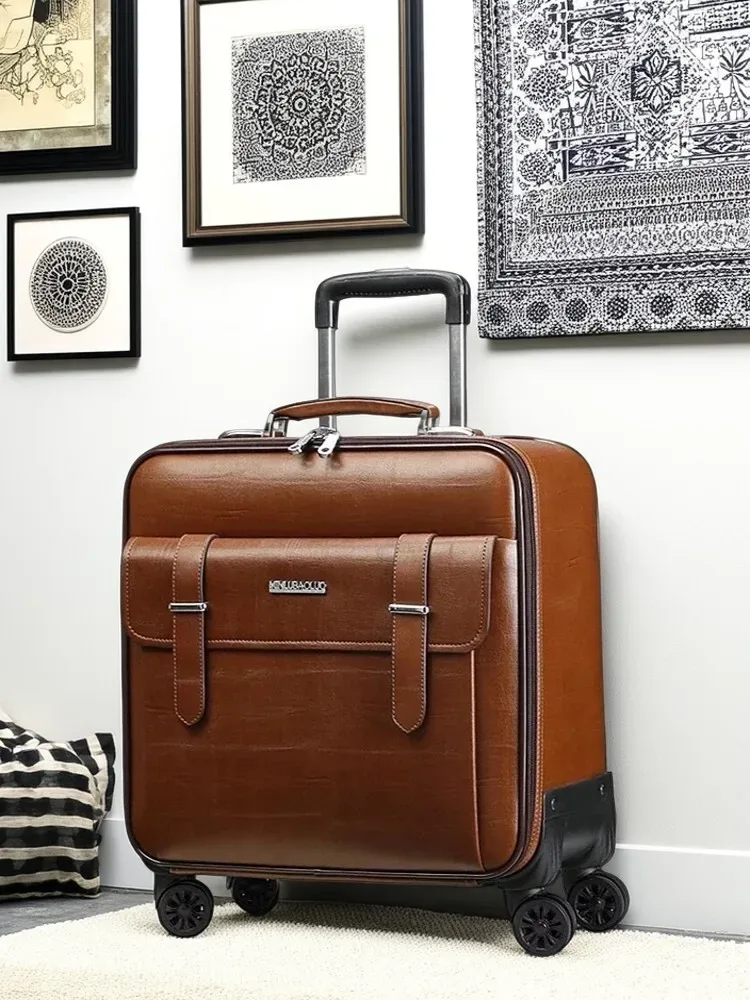 Valise à roulettes en cuir véritable pour hommes, bagage à main avec 4 roulettes, valise de voyage d'affaires