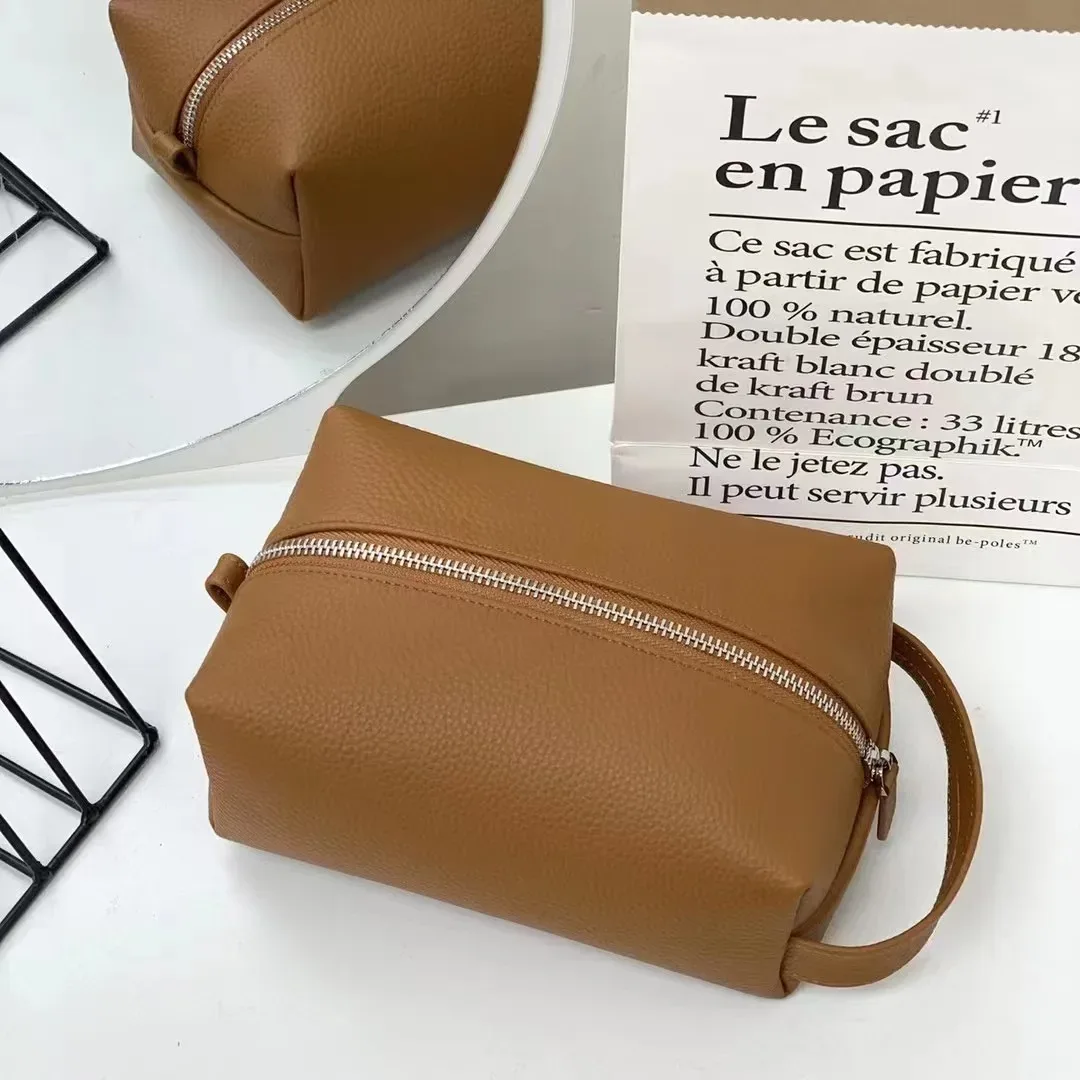 pochette de rangement de maquillage en cuir de vache à grain souple de haute qualité, sac à cosmétiques de sport portable pour poignée de voyage, sac de lavage