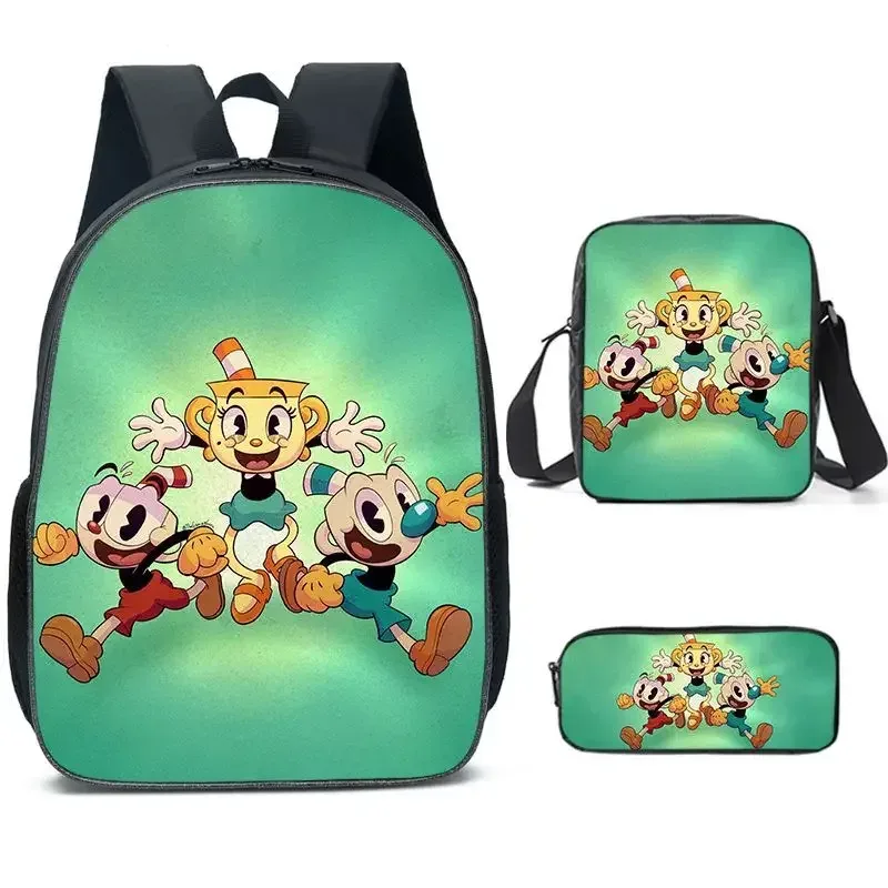 cuphead anime 3 pièces/ensemble sac à dos étudiant école sac à bandoulière enfants mignon voyage sac à dos enfants cadeau d'anniversaire