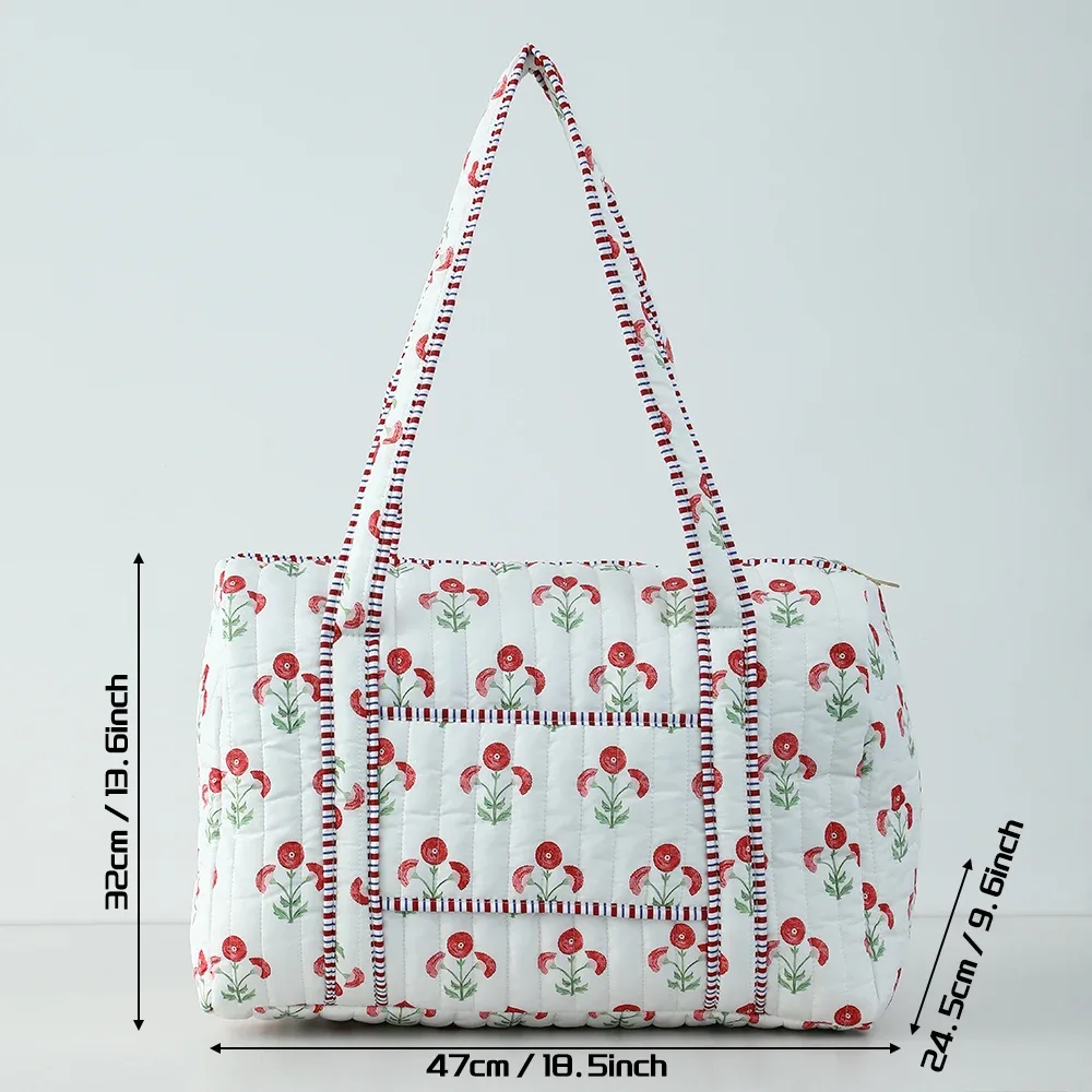 grand sac de voyage matelassé pour femmes, sac de week-end, imprimé bloc floral, bagages en coton, sacs de sport de nuit