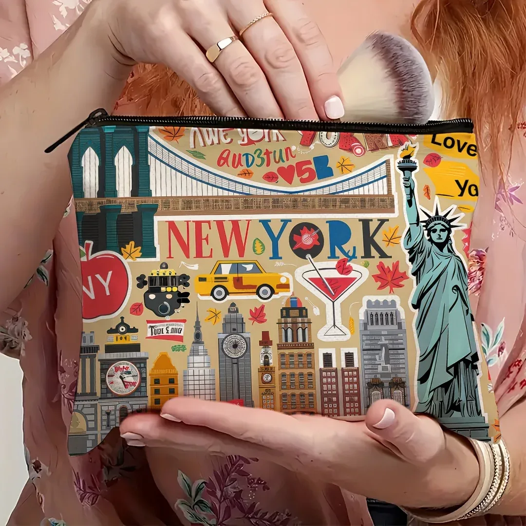 un sac de maquillage de voyage new york – jolie pochette multifonctionnelle à fermeture éclair pour femmes, sac de rangement de bijoux
