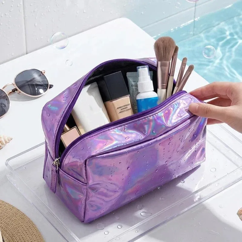 sac cosmétique laser couleur unie, imperméable, portable, pour rangement de produits de toilette, sac cadeau maquillage, pochette de maquillage, organisateur de cosmétiques de voyage