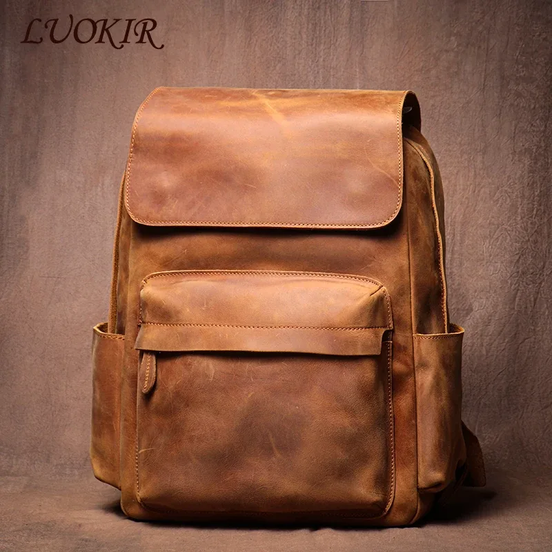 LUOKIR haute qualité en cuir véritable sac à dos Vintage Crazy Horse peau de vache sac d'école de luxe ordinateur sac à dos pour ordinateur portable 15 pouces