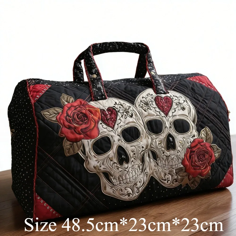 sac de voyage matelassé 3d vintage gothique imprimé crâne et rose, sac de week-end, bagage cabine, sac à main y2k style motard chic, sacs de vacances uniques