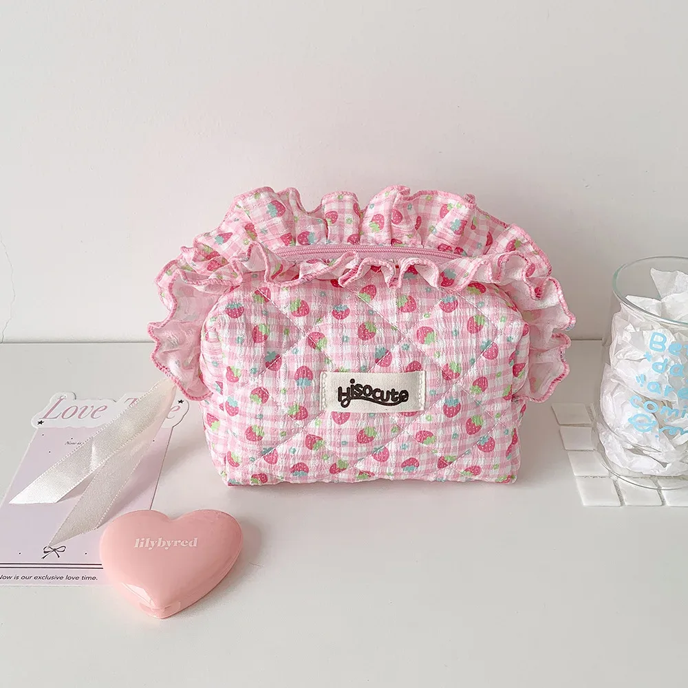 sac de rangement pour cosmétiques matelassé avec nœud et volants, grande capacité, en polyester et coton, organiseurs de maquillage pour femmes et filles, idéal pour les voyages