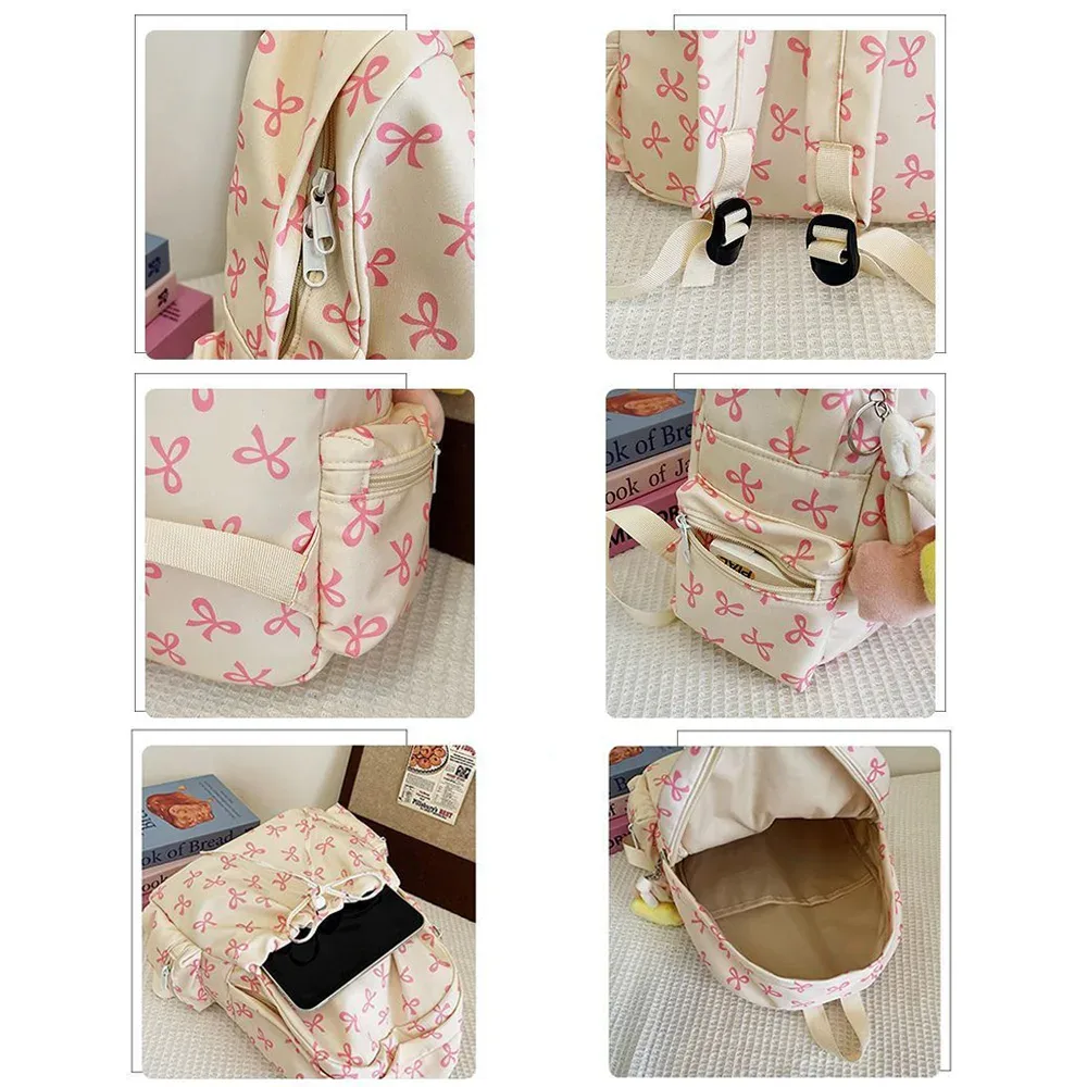 sac à dos mignon à nœud de grande capacité, sac d'école en nylon imprimé avec nœud, sac à dos de voyage à sangle réglable