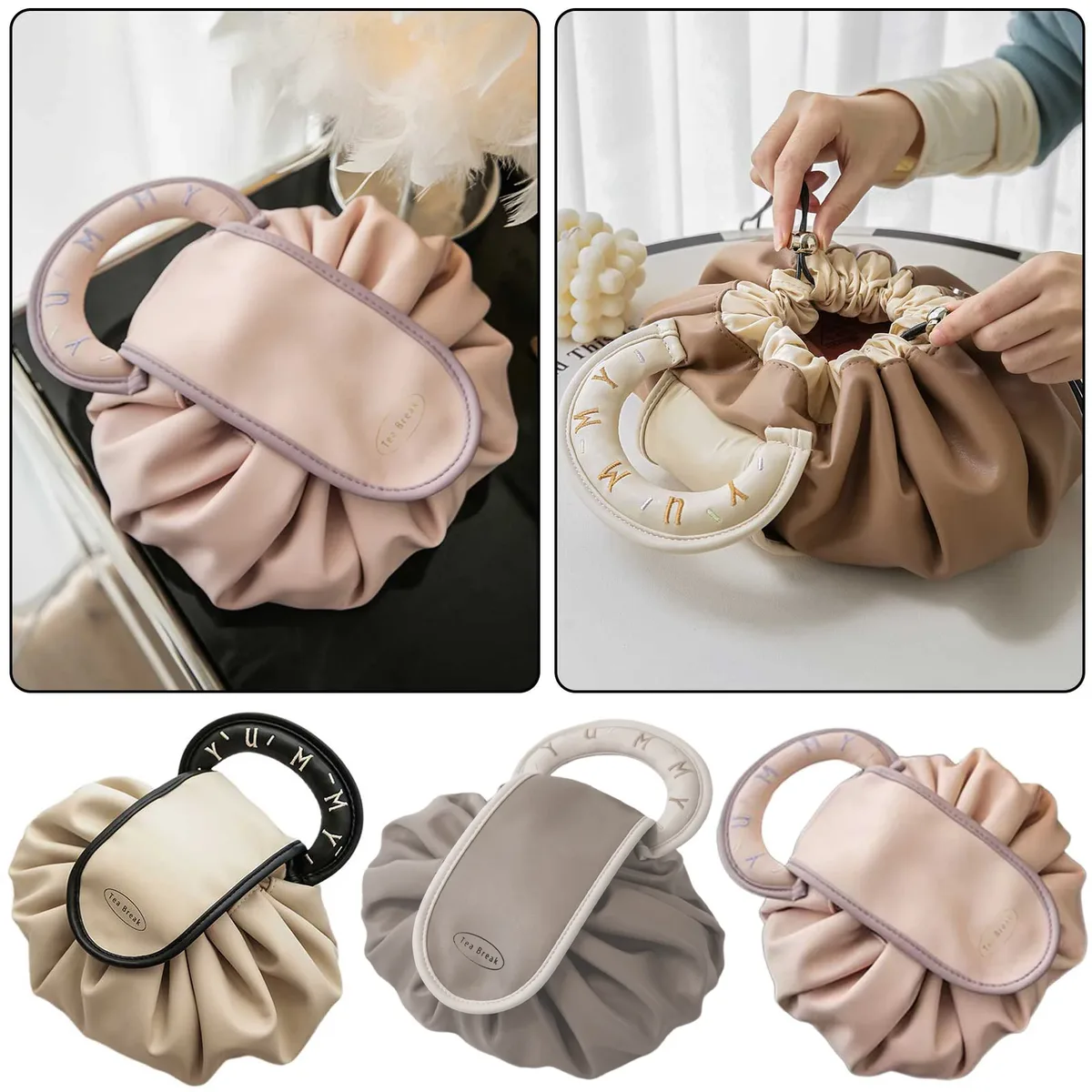 trousse de maquillage portable pour usage quotidien, trousse de toilette de voyage de grande capacité pour femmes, pochette de rangement de cosmétiques à cordon de serrage pour dames