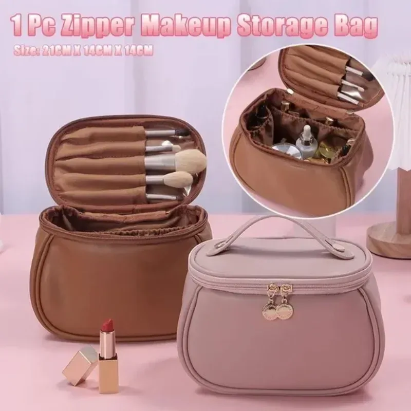 sac de maquillage portable en pu, grande pochette cosmétique imperméable, avec poignées, sac de rangement multifonctionnel pour articles de toilette de voyage