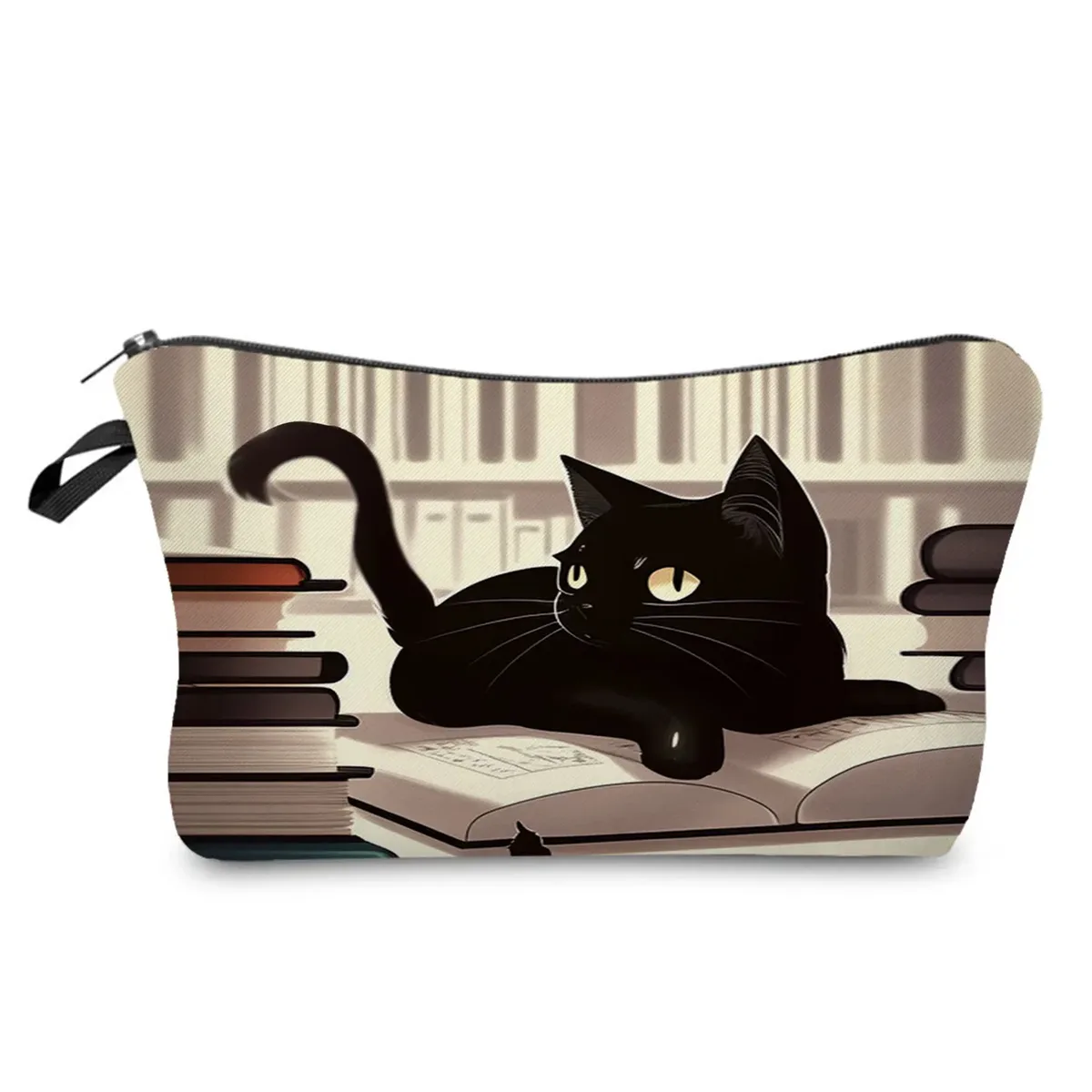 sacs de maquillage college chat noir pour femmes, sacs de rangement portables de voyage, impression d'animaux kawaii décontractés, sacs à cosmétiques double face avec fermeture éclair