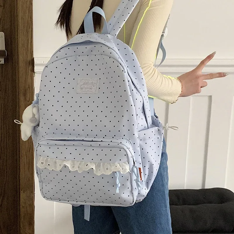 sac à dos tendance, sac d'école pour femmes à pois avec bordure en dentelle, mignon et élégant, sac à dos léger et de grande capacité pour étudiantes coréennes.