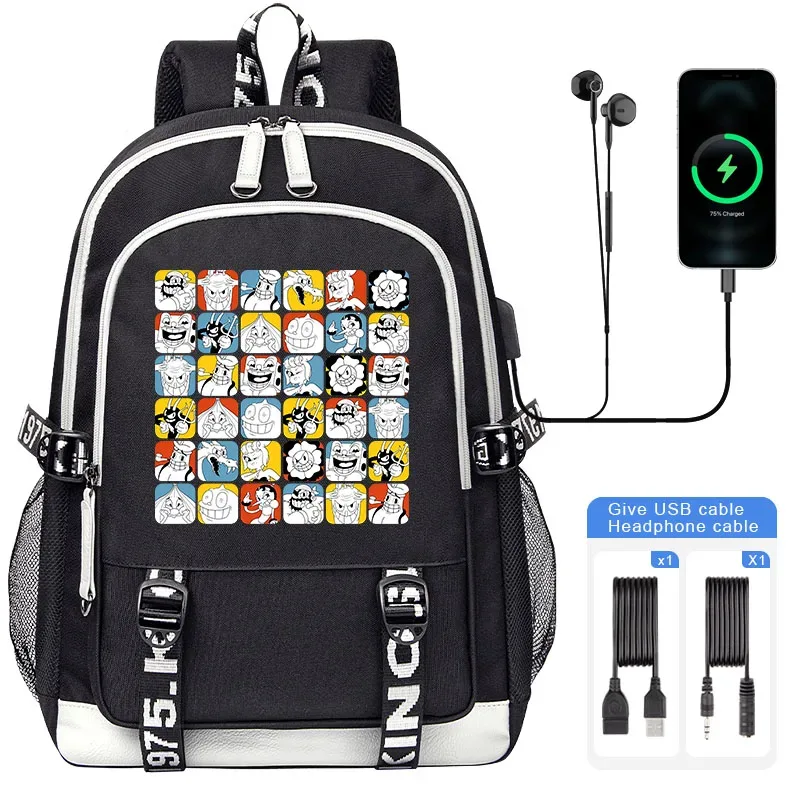 cuphead mugman sacs d'école pour adolescent usb charge sac à dos pour ordinateur portable garçons filles étudiant livre sac mochila sac de voyage